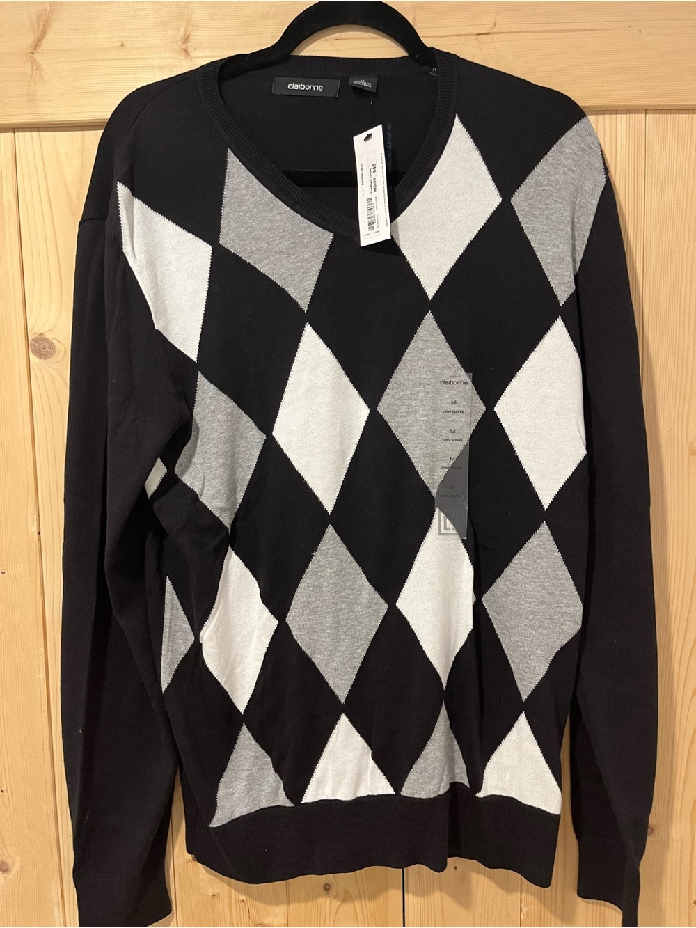 Claiborne Men's Black & Gray Argyle Sweater New with Tag Medium